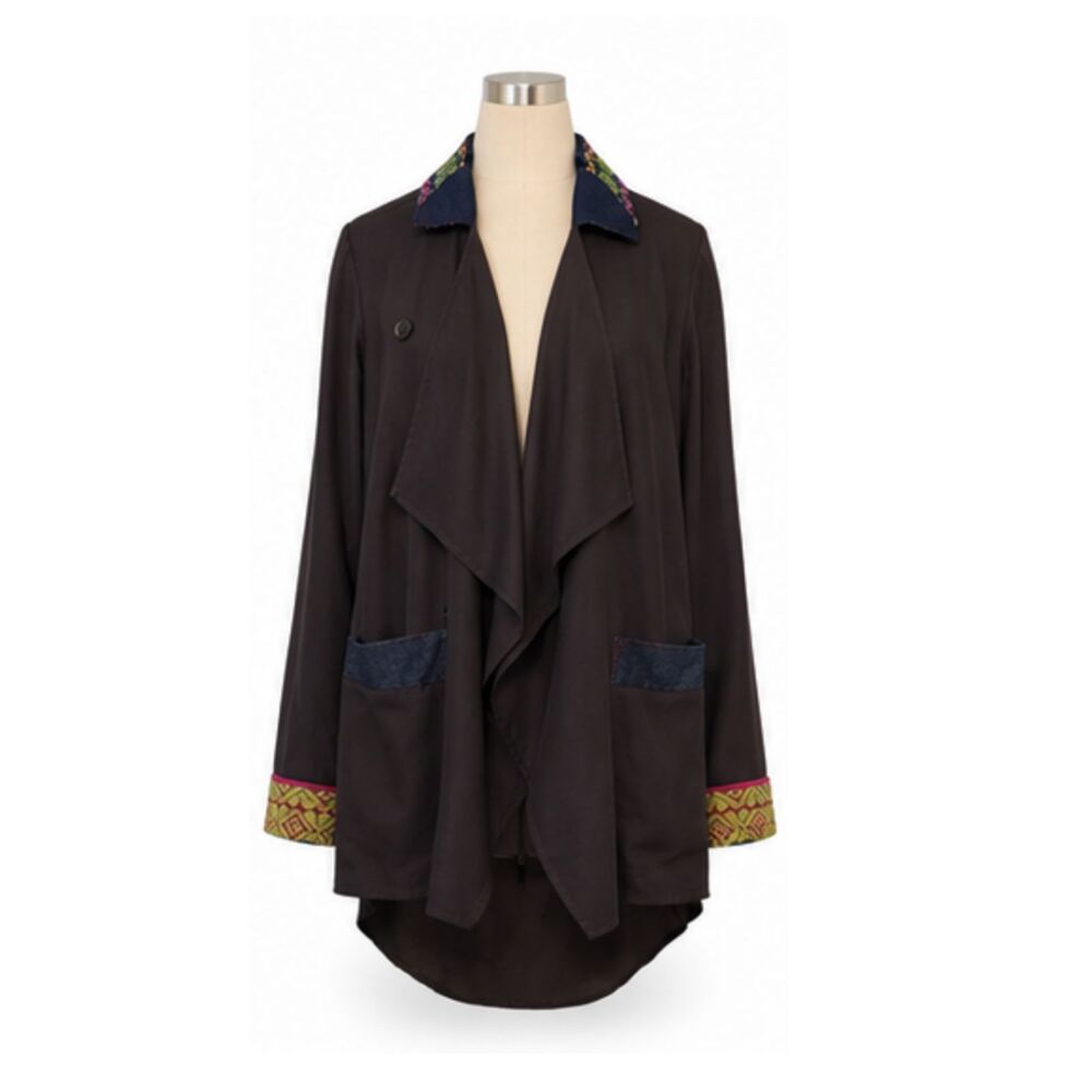 Summer Romero Brown Open Front Jacket Draped Blazer Boho Contrast Trim